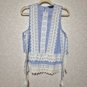 Zara Asymmetrical Blue and White LACE Tank Top..SIZE:XS